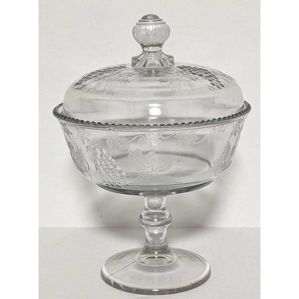 Vintage Jeannette Glass Grape Vine Covered Pedestal Compote/Candy Dish Clear